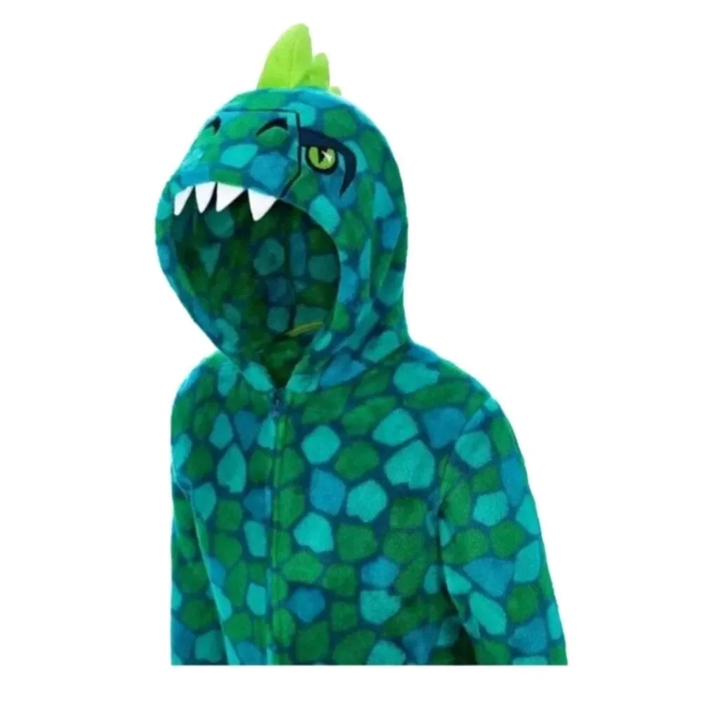 Boy Fleece Green Dinosaur One Pc Pajama Jumpsuit Hood Sleeper M 10-12 Saint Eve